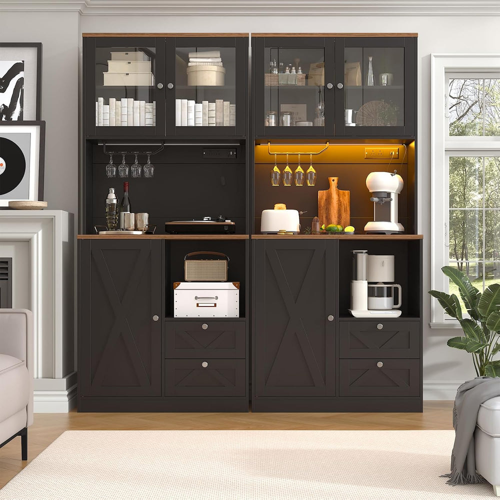 71" Tall Coffee Bar Cabinet with Storage Hutch, Farmhouse Kitchen Pantry...