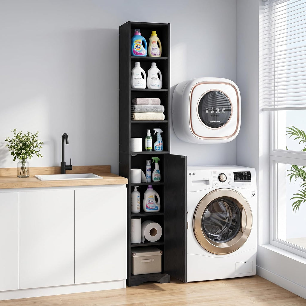 VECELO Narrow Tall Cabinet with Closed Door, 6 Adjustable Movable Shelves, Wood Space Saving Corner Storage Unit, Sleek Black