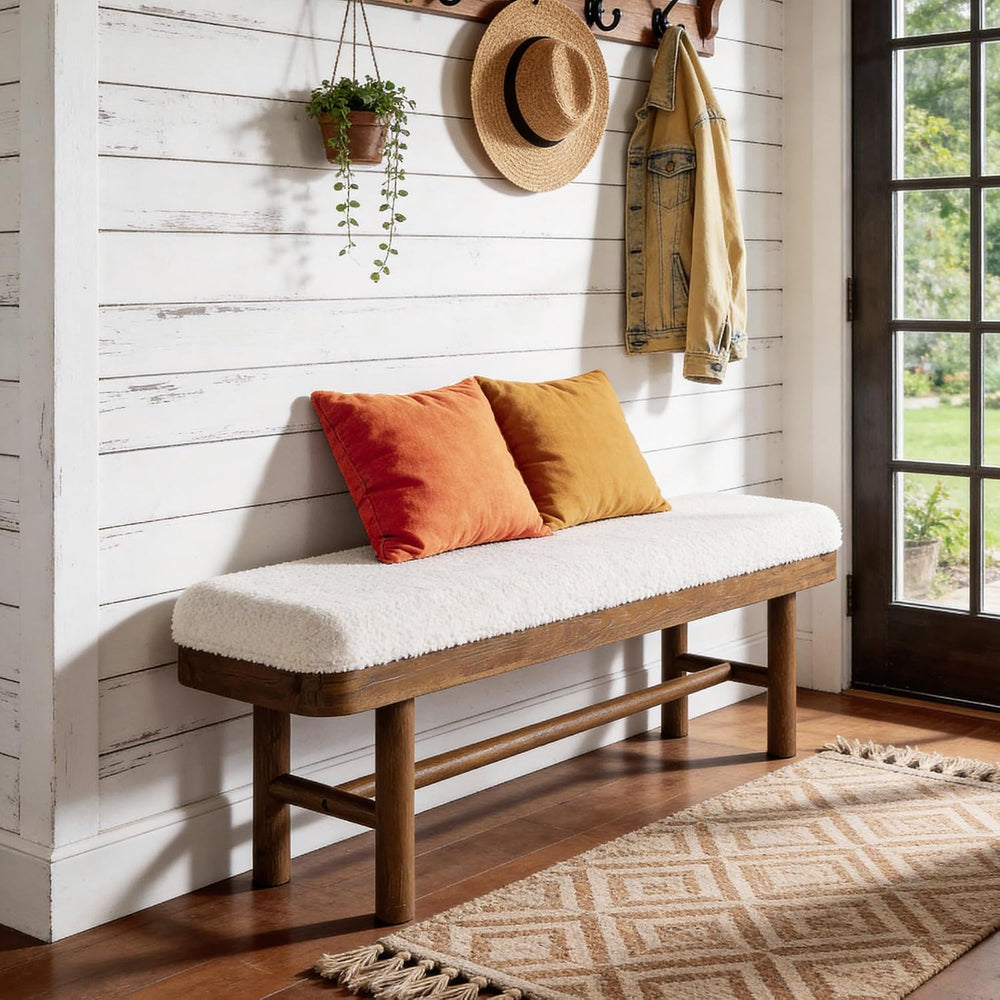 55-Inch Solid Wood Entryway Bench, Rustic Upholstered Bench, Modern Dining Be...
