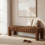63" Bedroom Bench, Upholstered Entryway Bench, Modern End of Bed Ottoman with Solid Wood Legs and Adjustable Foot Pegs for Entryway, Dining Room and Living Room (Rust Brown Boucle)