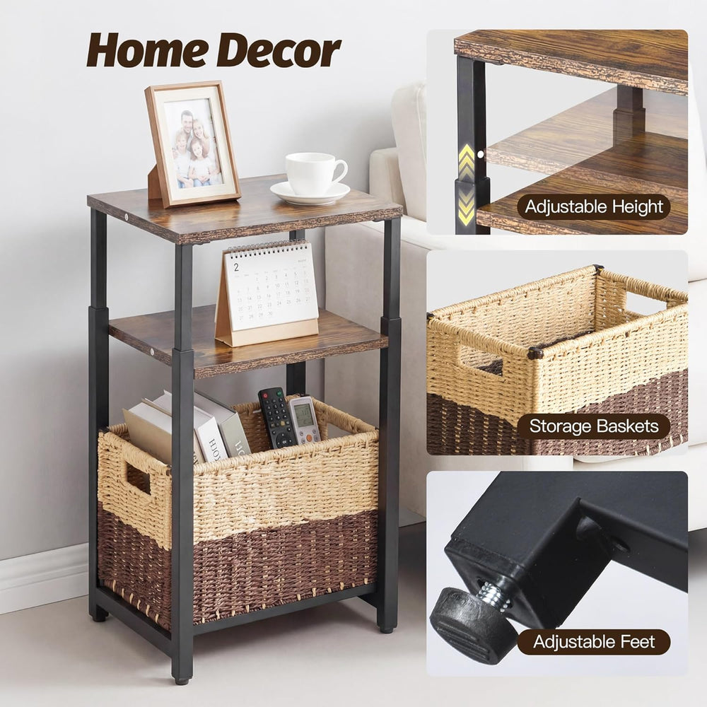 Side Table with Storage Basket, Small End Table with Modern Design and Adjust...