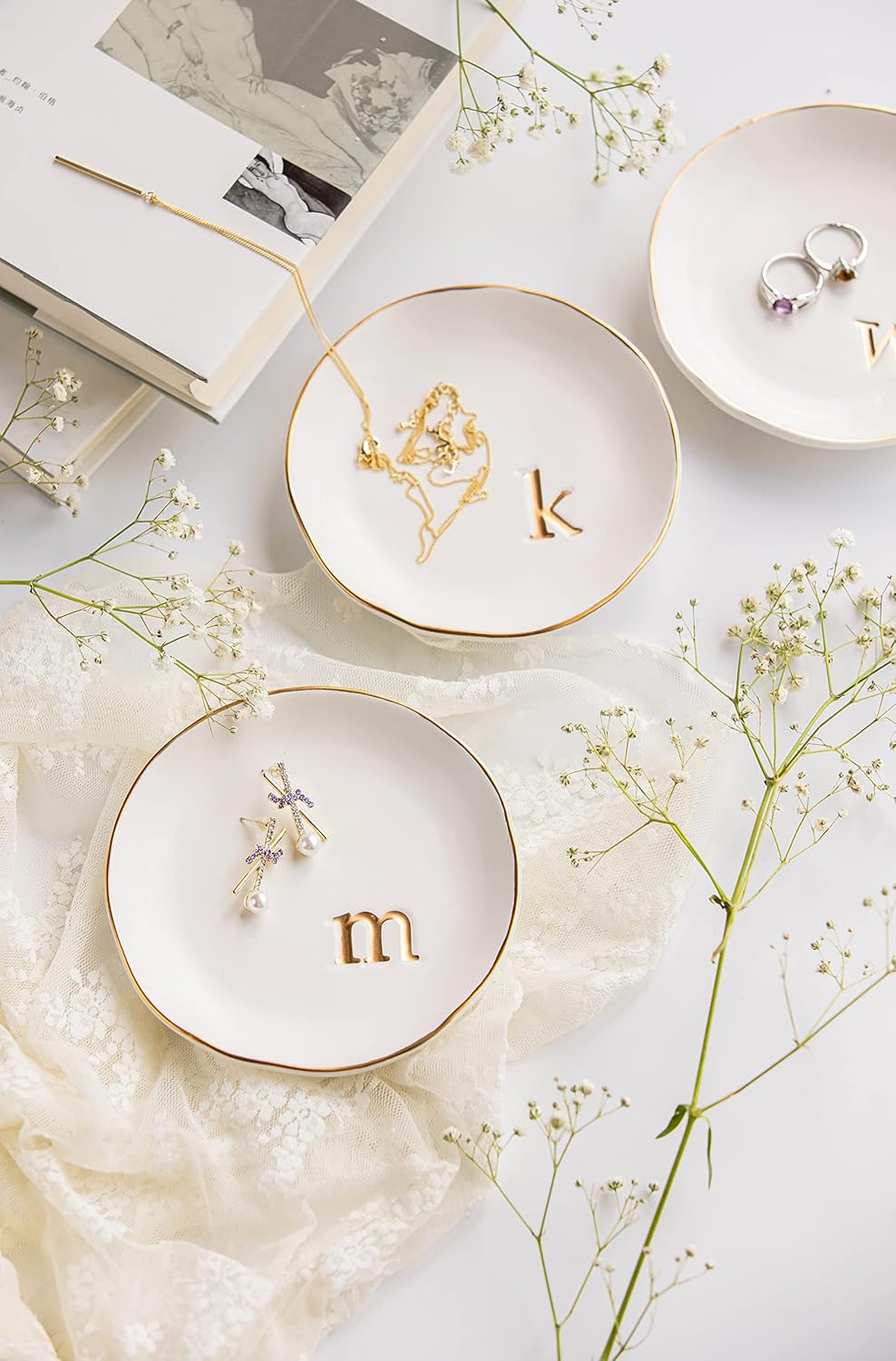 COLLECTIVE HOME - Ceramic Jewelry Tray, Decorative Trinket Dish for Rings Earrings Necklaces Bracelet Watch Keys, Birthday Mother's Day Christmas Gift for Women, 4.75", White Surface (C)