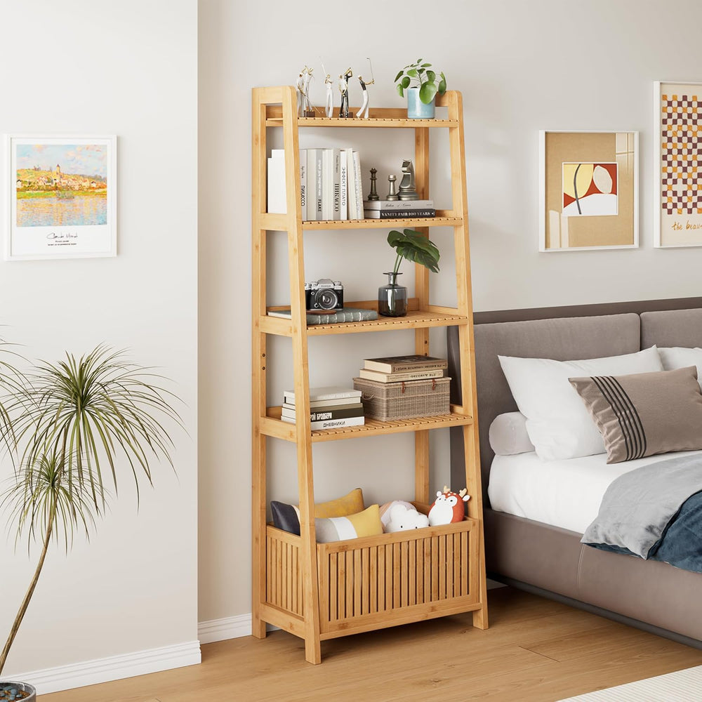 Bamjoy Bamboo Ladder Shelf, Bookshelf with 4 Display Shelves and 1 Open Stora...