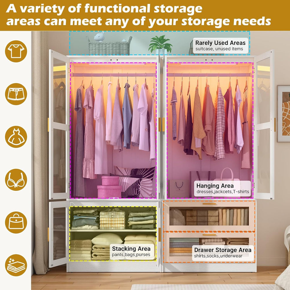 4 Doors Armoire Wardrobe Closet with LED and Mirror,71" H Freestanding W...