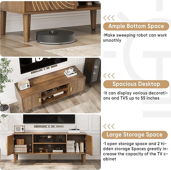 Smuxee Walnut TV Stand with Line Groove Design, 47.2" Mid Century Modern...