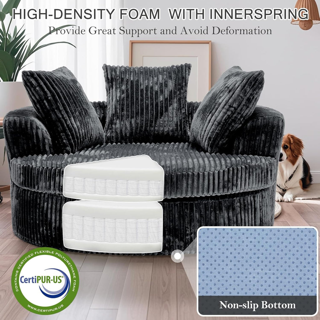 59" Oversized Round Chaise Lounge Chair Indoor with Throw Pillows | No Assembly Required, Corduroy Fabric, Plush Round Sleeper Lounge for Living Room Bedroom