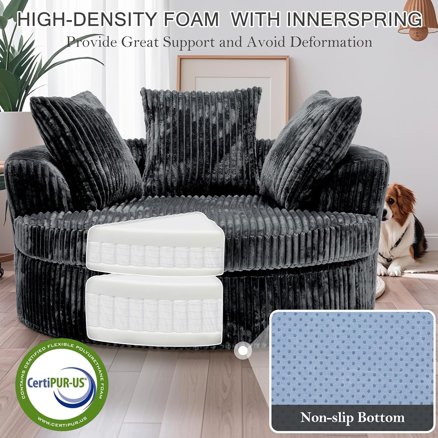 59" Oversized Round Chaise Lounge Chair Indoor with Throw Pillows | No Assembly Required, Corduroy Fabric, Plush Round Sleeper Lounge for Living Room Bedroom