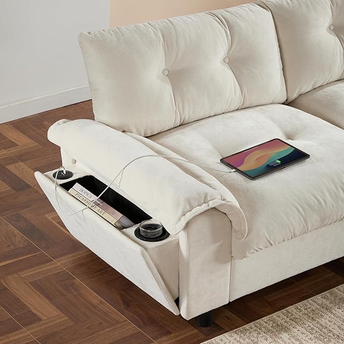 Ball & Cast Modular L Shaped Sectional Sofa with Movable Storage Ottoman and Dual-Port Charging,4 Seater Comfy Cloud Couch W/Side Storage Pockets & Cup Holder,for Living Room,Apartment,Beige,104"