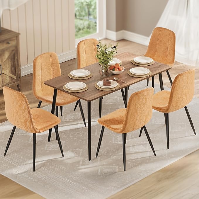 VASAGLE Set of 6 Dining Chairs, Dining Room Kitchen Chairs, Metal Frame, Adjustable Feet, Easy to Clean, Chenille Fabric, Glacier-Textured Synthetic Leather, Caramel Brown UKDC187K01-3J