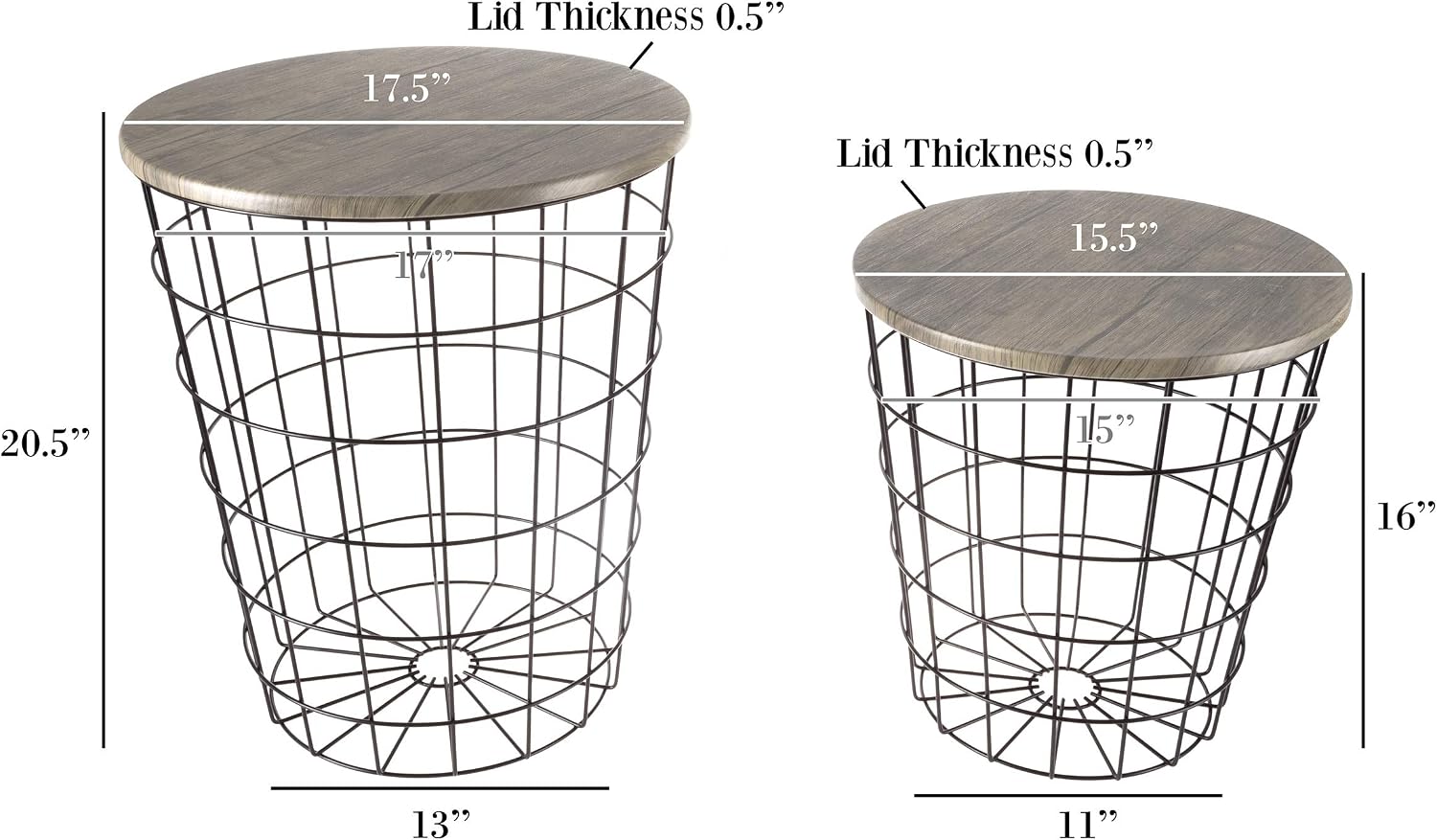 Lavish Home Round End Tables - Nesting Tables Set of 2, Gray/Black | 17.5”/15.5” Side Tables with Removable Wood Tops & Metal Basket Bases for Blanket Storage, Living Room, Bedroom & Home Office