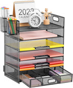Lavatino 6-Tier Paper Organizer Letter Tray with Drawer - Mesh Desk File Paper office Supplies Sorter Organizer for Office, Home or School File Folder Holder - Black