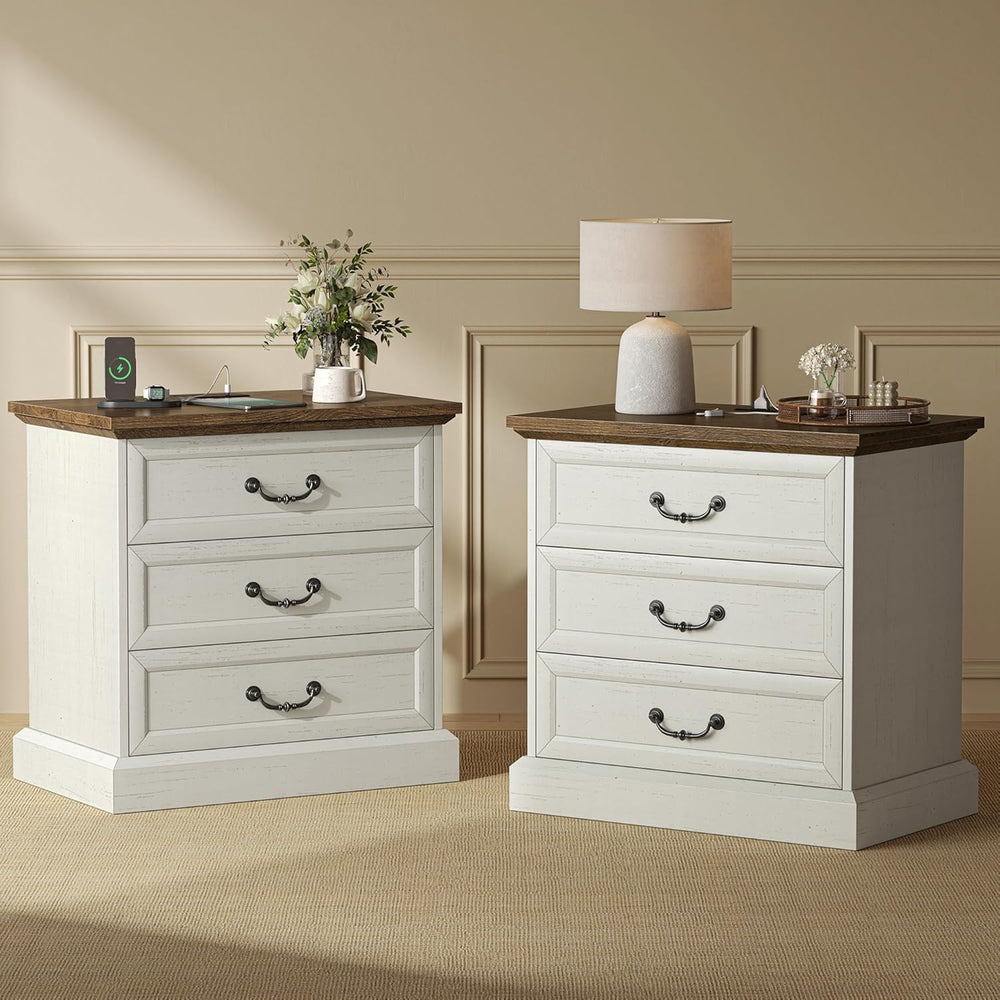 Huuger Nightstand with Charging Station, 3 Drawer Night Stand Set of 2, 22 In...