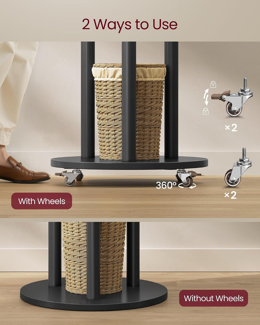 VASAGLE Freestanding Coat Rack Stand, with Wheels, 11 Hooks, 3 Shelves