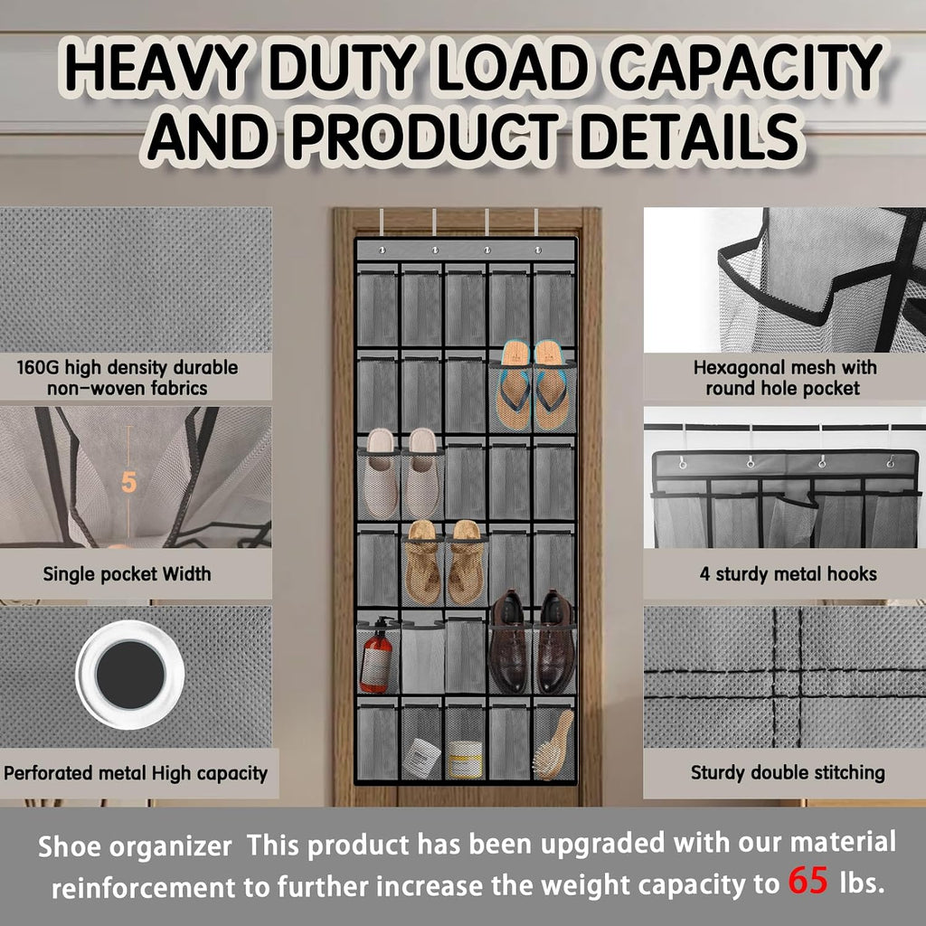 Kotkn Over the Door Shoe Organizer with 30 Breathable Mesh Pockets - Large Capacity Closet Storage for Men & Women, Hanging Shoe Rack Organizer (Gray)