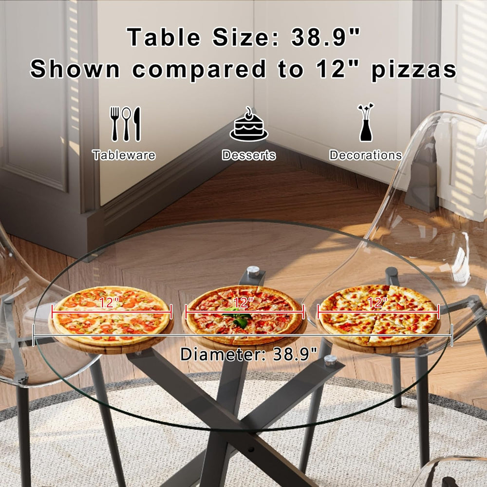 Round Dining Table Set for 4, 39" Glass Dining Table Set with Black Adju...