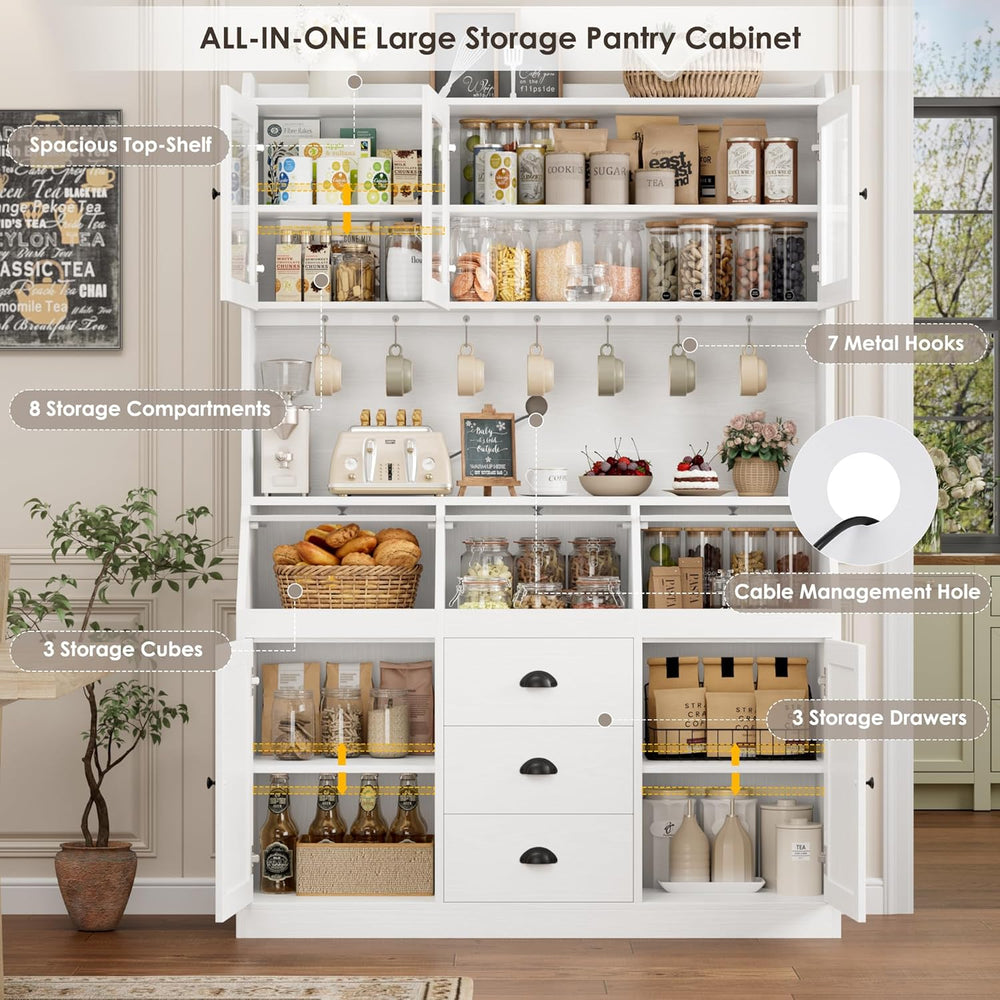 HIFIT 71.4” H Kitchen Hutch Pantry Cabinet with 3 Bread Boxes&7 Metal Hoo...