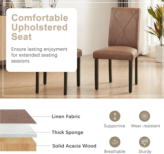 VECELO Upholstered Dining Chairs Set of 2, Modern PU Leather and Solid Wood Legs & High Back for Kitchen/Living Room- Brown