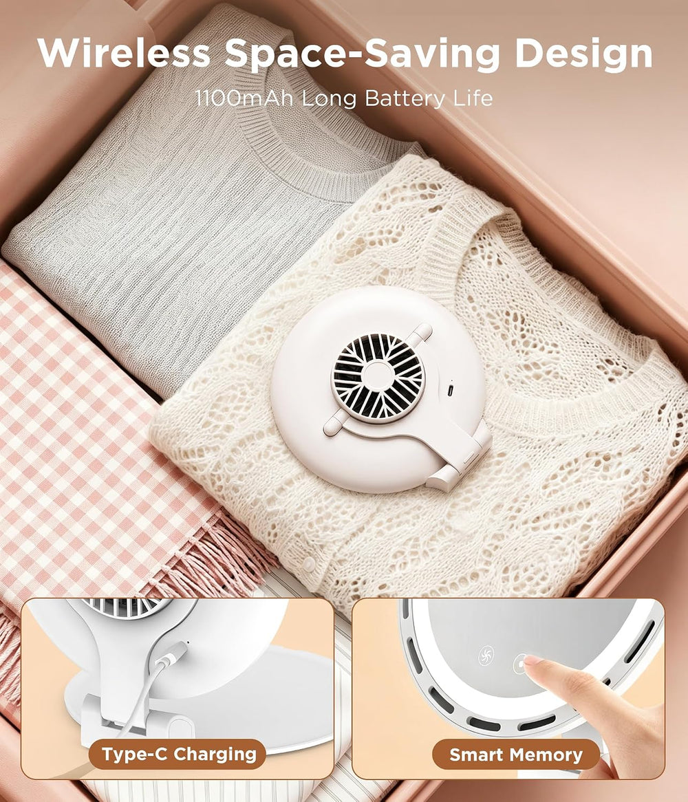 Travel Makeup Mirror with Fan, Rechargeable, 3 Color Dimmable Lighting