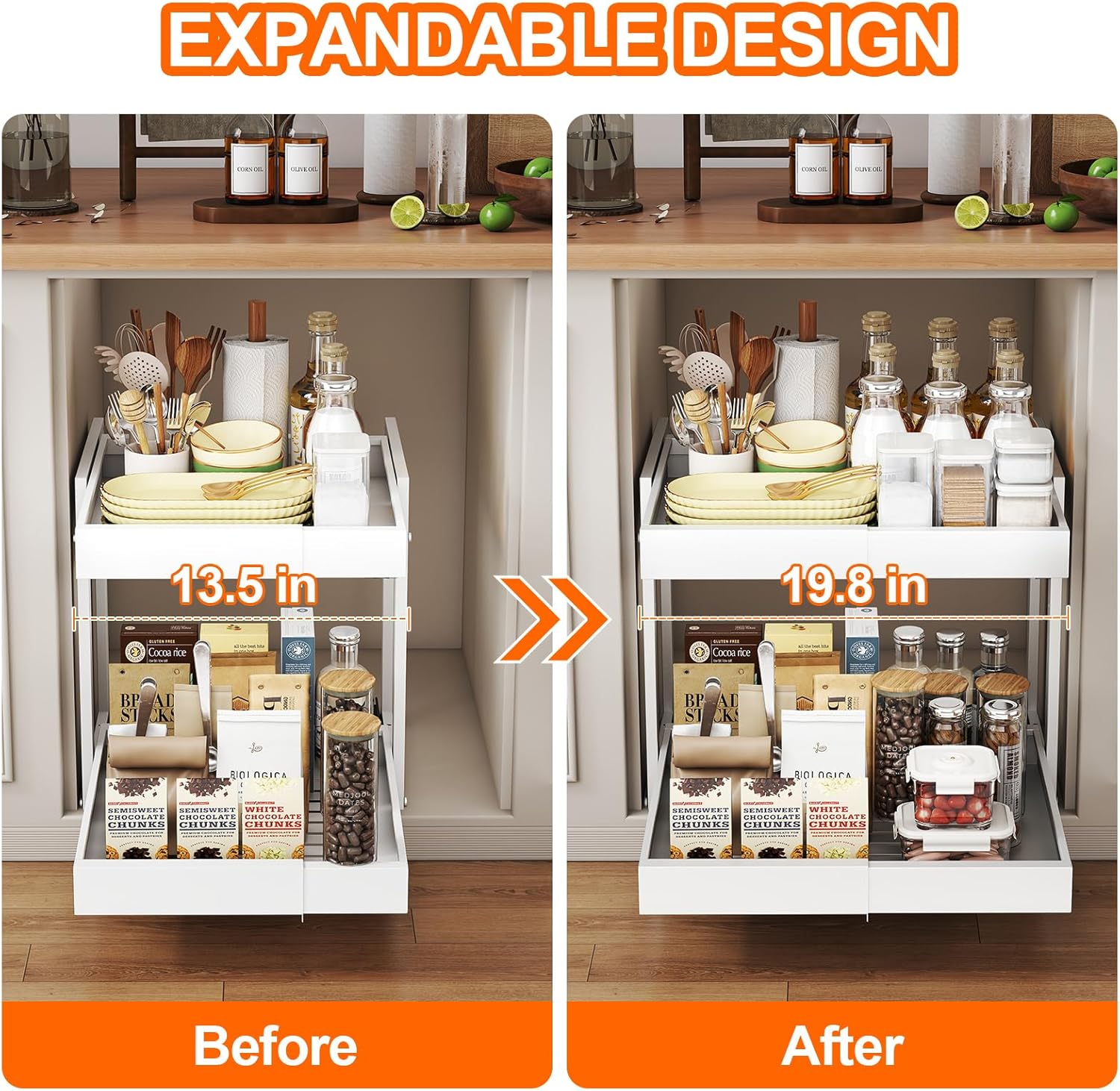 Golener 2-Tier Expandable Pull Out Cabinet Organizer - Slide Out Drawers for Kitchen Cabinets, Bathroom Organizers and Storage, Under Sink Organizer for Kitchen Storage Organization, White Metal Frame