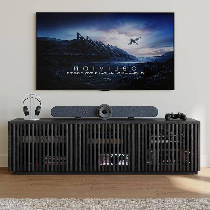 POVISON Mid Century Modern Wood Slatted TV Stand with LED Lights, Media Console for 55+ Inch TV, Entertainment Center with Storage Cabinet for Living Room, Fully-Assembled (Black, 59.06")