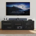 POVISON Mid Century Modern Wood Slatted TV Stand with LED Lights, Media Console for 55+ Inch TV, Entertainment Center with Storage Cabinet for Living Room, Fully-Assembled (Black, 59.06")