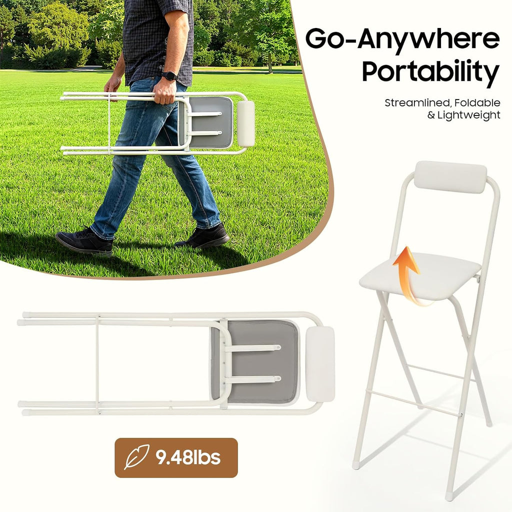Folding Bar Stool with Backrest, 29.5 Inch Tall Foldable Stool Chair Portable High Folding Bar Chair Counter Height Seat, for Kitchen Island Shop Cafe Dining Room White