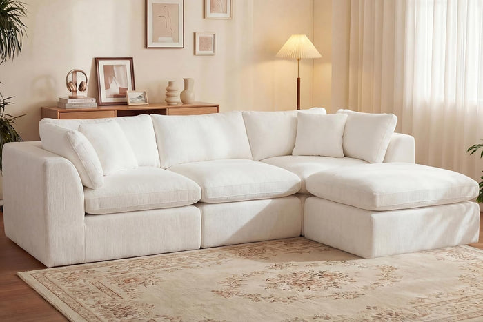 GRUSIGN 110'' Oversized Cloud Couch for Living Room, Modern Big Sectional Compressed L Shape Couch with Ottoman, Comfy Chenille Deep Seat Memory Foam Spineless 4 Seater Sofa, Beige