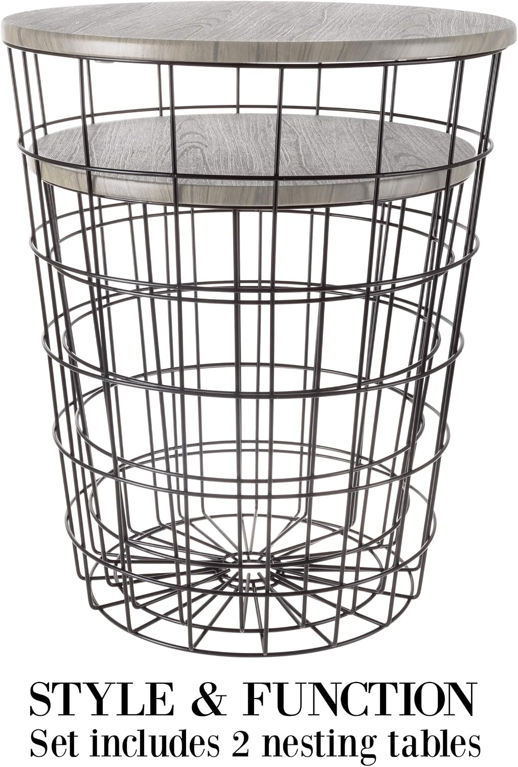 Lavish Home Round End Tables - Nesting Tables Set of 2, Gray/Black | 17.5”/15.5” Side Tables with Removable Wood Tops & Metal Basket Bases for Blanket Storage, Living Room, Bedroom & Home Office