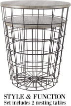 Lavish Home Round End Tables - Nesting Tables Set of 2, Gray/Black | 17.5”/15.5” Side Tables with Removable Wood Tops & Metal Basket Bases for Blanket Storage, Living Room, Bedroom & Home Office