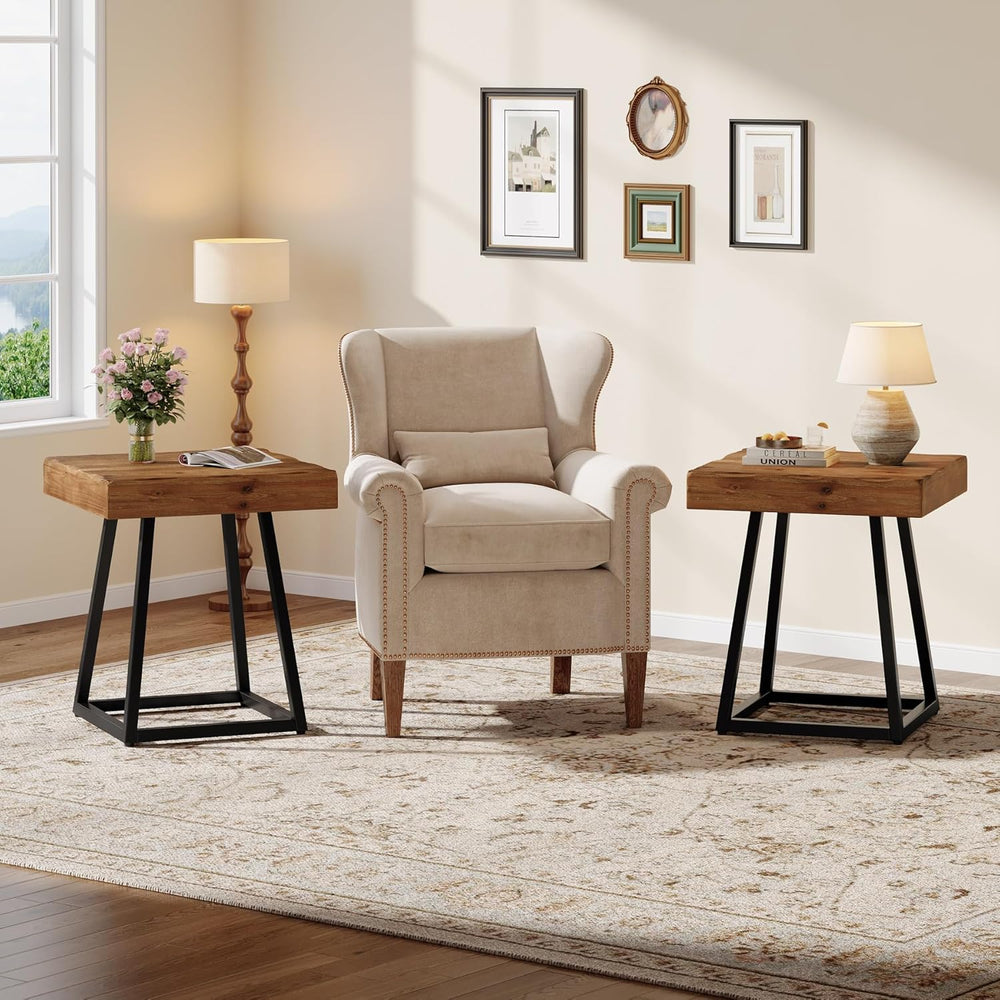 2pcs Solid Wood End Table, 19.7" Square Side Table with Metal Frame, Ind...