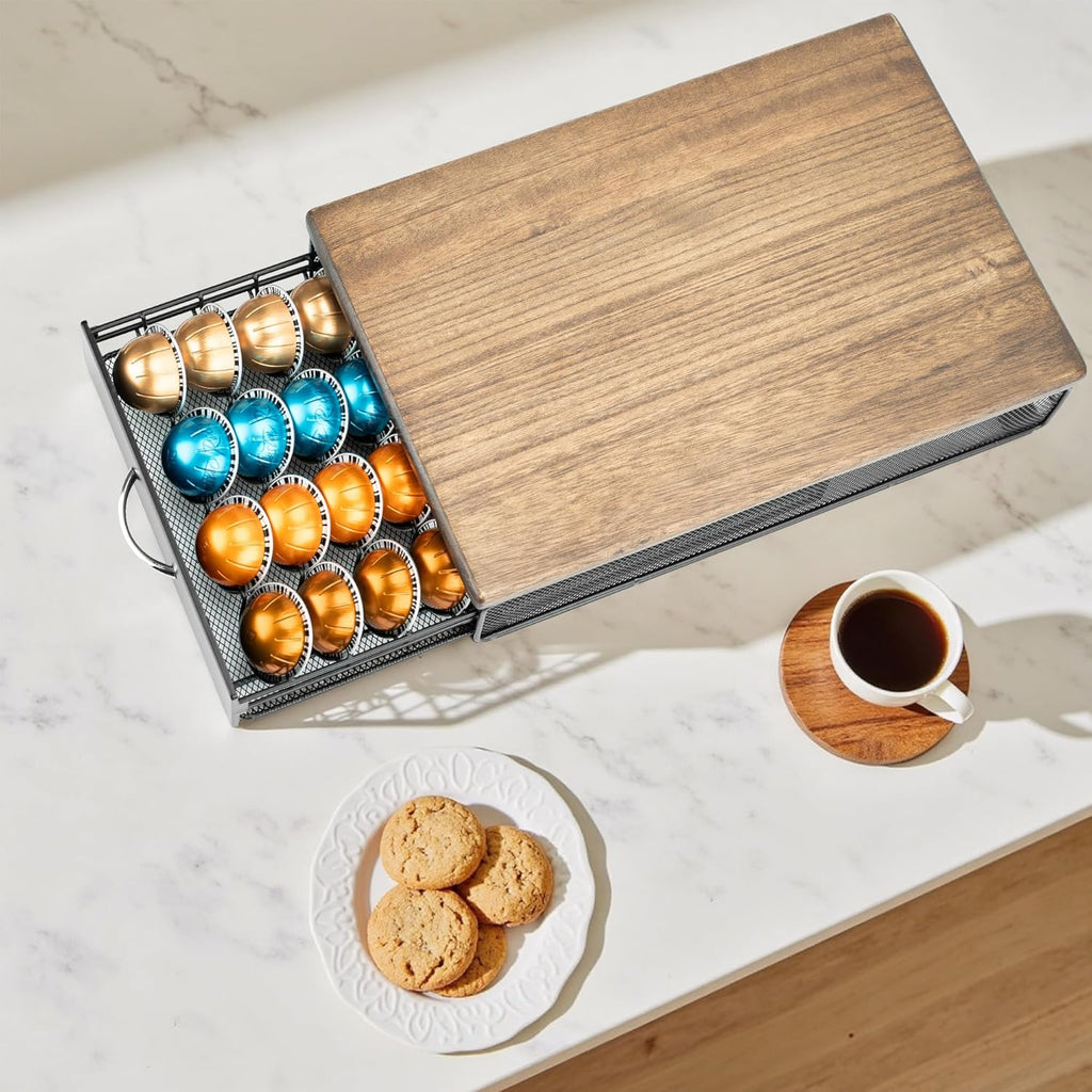 for Vertuo Coffee Capsule Storage Drawer Compatible with Nespresso Vertuoline Pods Holder Metal and Wood Top Organizer (can hold 40 Pods)