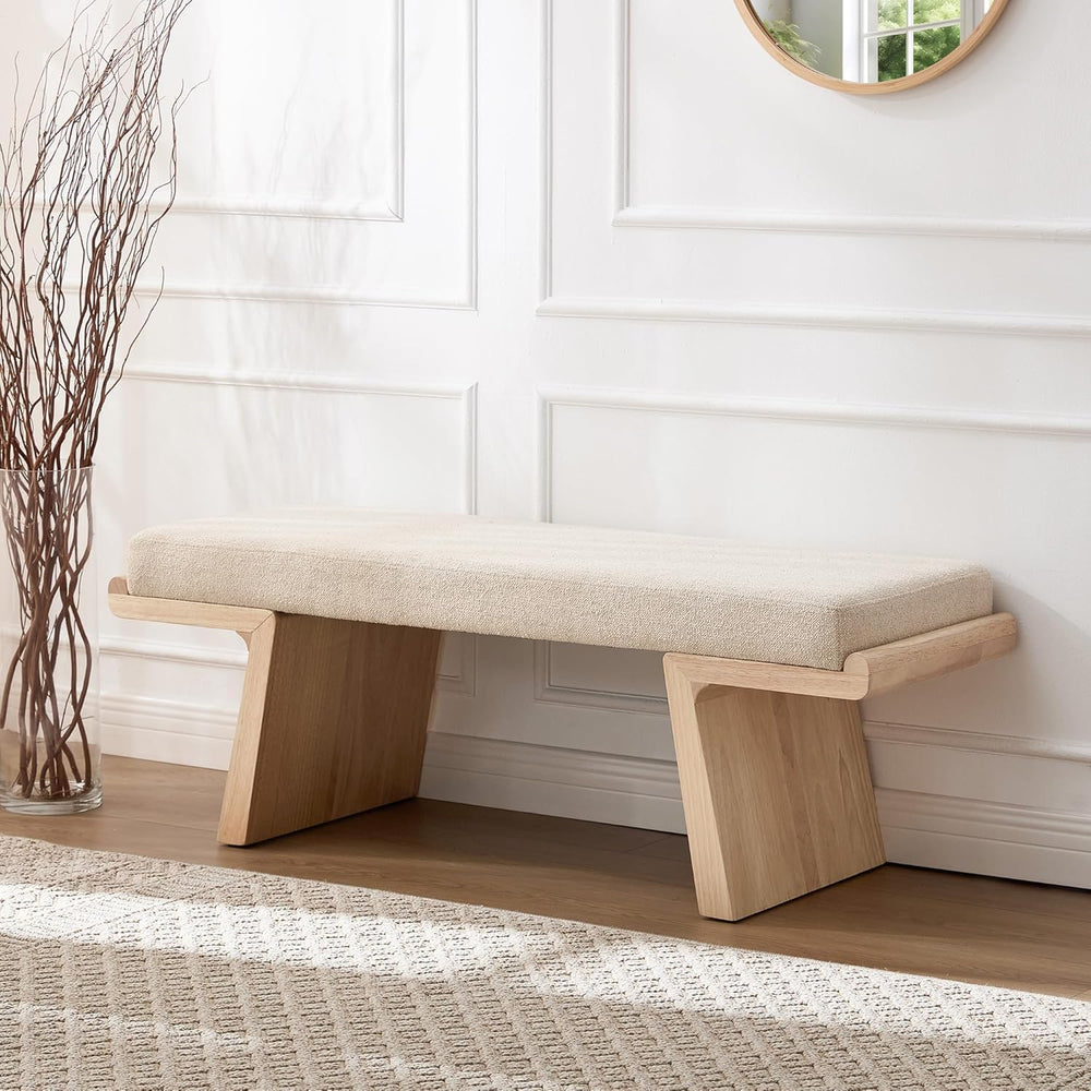 47.2" Natural Wood Bedroom Bench, Upholstered Entryway Bench, Modern End...