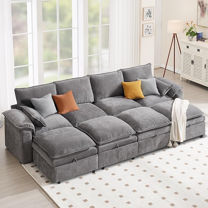 130" U Shaped Modular Sectional Sofa, Couch with Ottoman Storage, Chenille Cloud Couch with Plush Deep Seating for Living Room, Bedroom (Light Grey, 8 Seat)