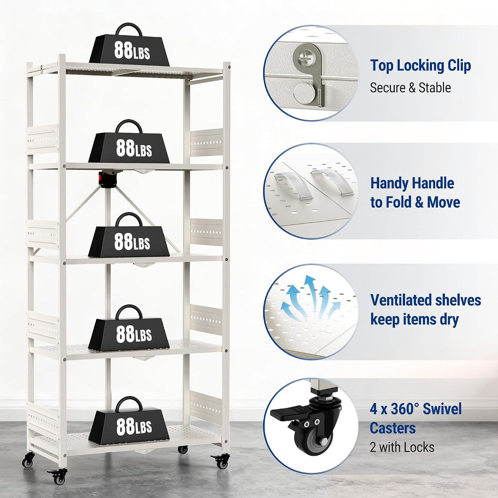WORKPRO 5-Tier Folding Shelf, No-Assembly Metal Storage Rack with Wheels, 750 lbs Capacity (with Leveling Feet), Collapsible Shelving Unit for Kitchen, Pantry, Closet & Craft Shows - White