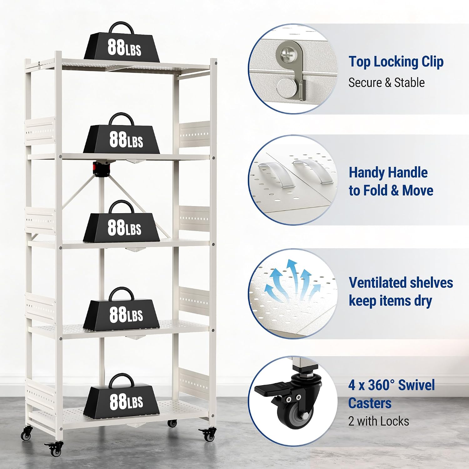 WORKPRO 5-Tier Folding Shelf, No-Assembly Metal Storage Rack with Wheels, 750 lbs Capacity (with Leveling Feet), Collapsible Shelving Unit for Kitchen, Pantry, Closet & Craft Shows - White