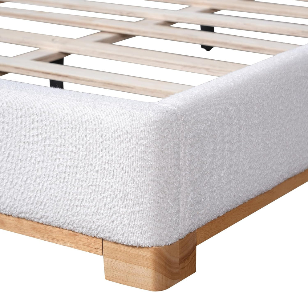 Peanu Queen Bed Frame, Boucle Upholstered Headboard, White Base