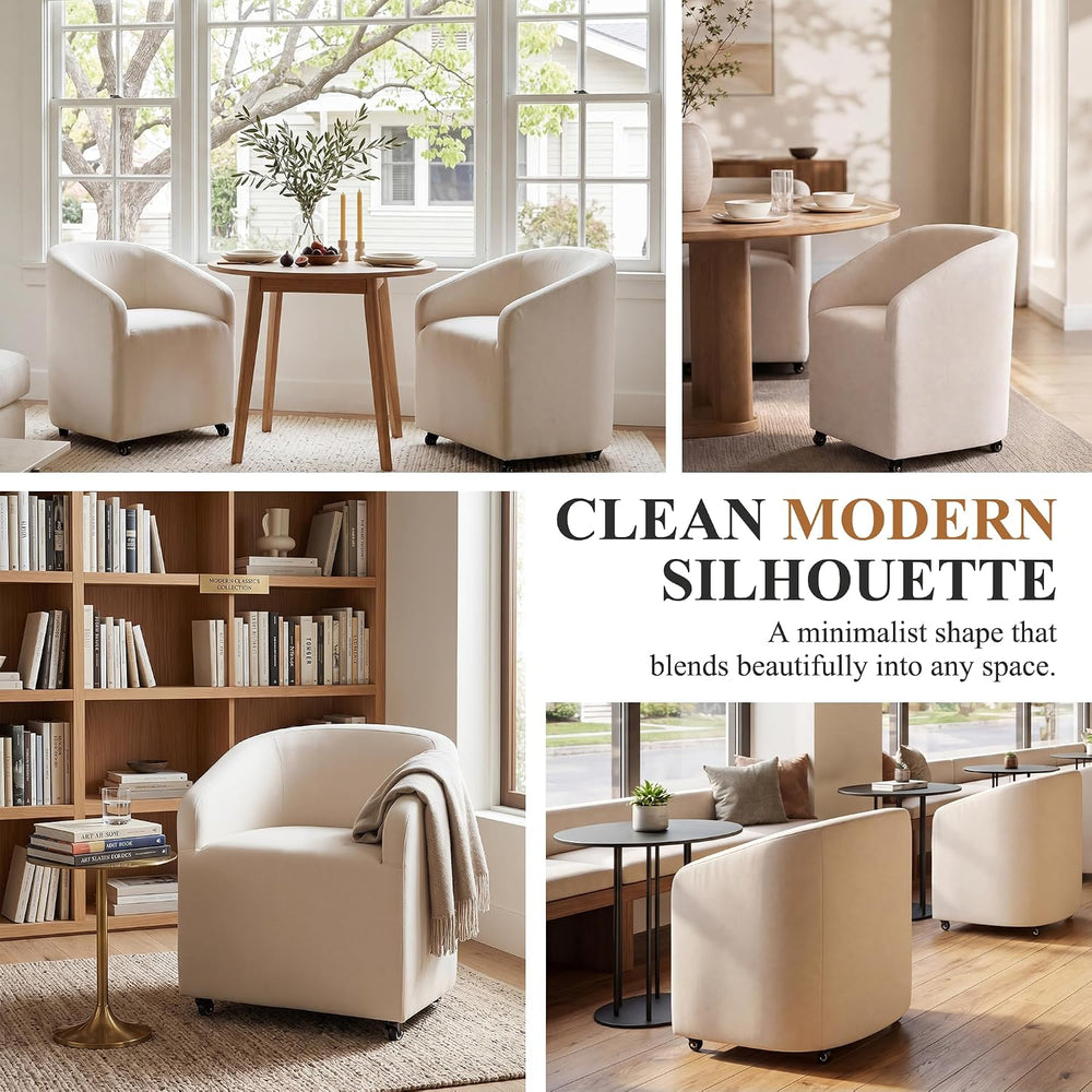 CIMOTA Linen Beige Barrel Dining Chairs with Wheels, Set of 2 — Modern Uphols...