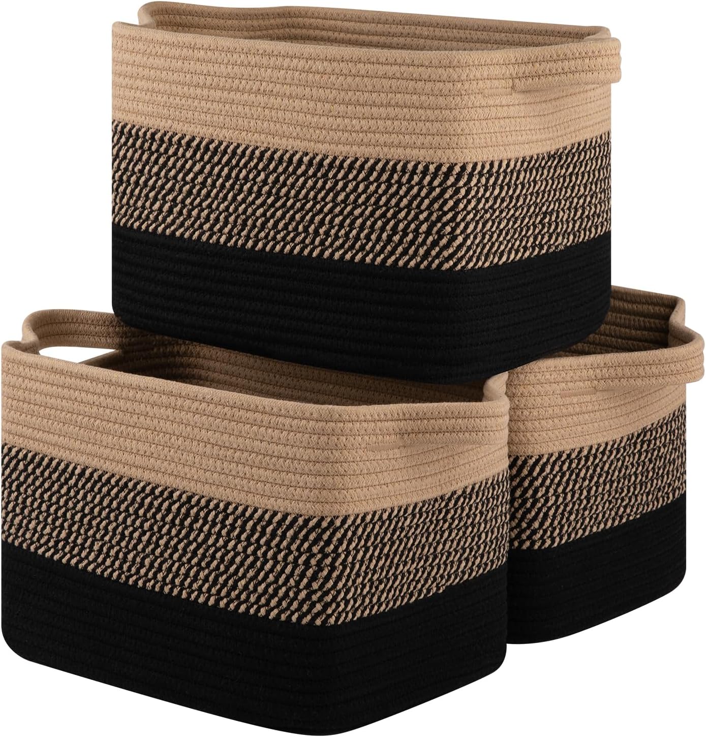 Storage Basket for Organizing, Woven Baskets for Storage, Rectangle Decorative Baskets for Shleves, Closet, Toys, Books, Nursery Organizer Bins - Pack of 3 (Black & Brown, 15.75"x11.8"x9.85")