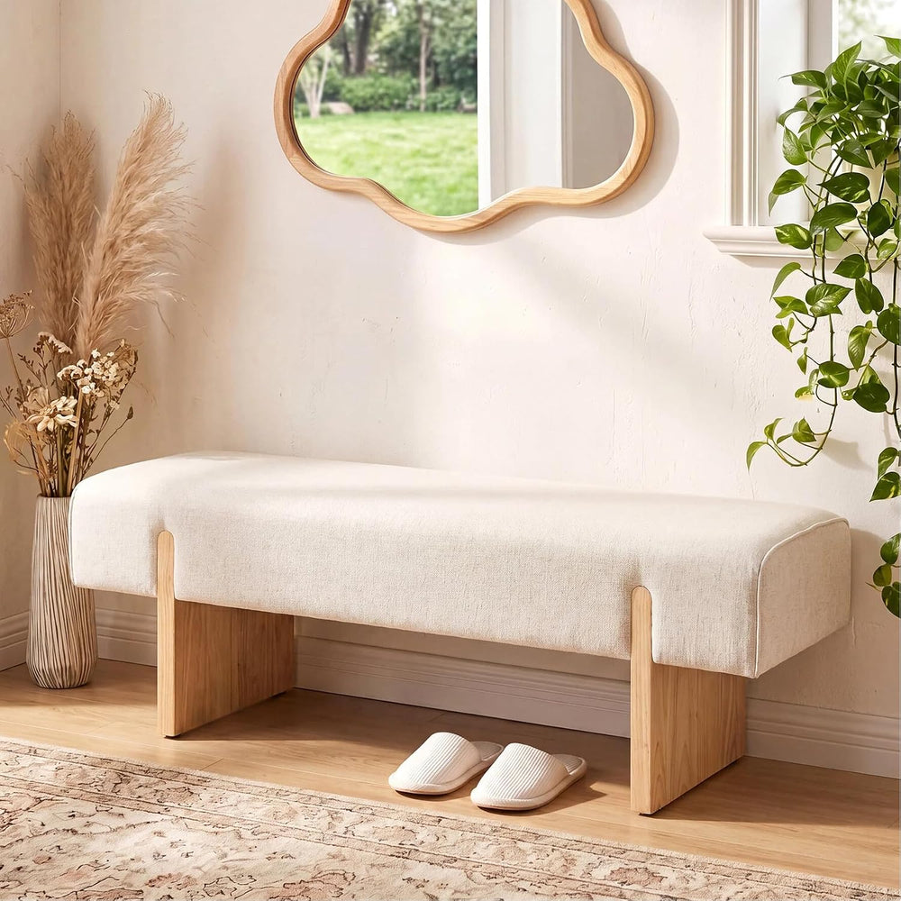 Zesthouse Solid Wood Bench for Bedroom, 55'' Upholstered Linen Fabric...