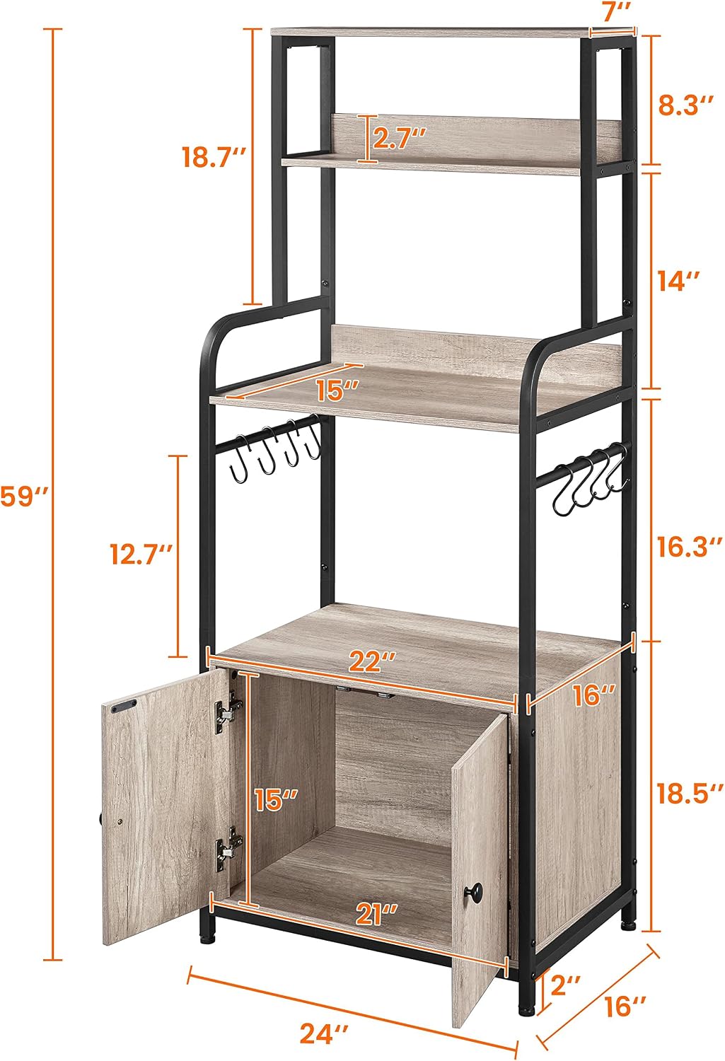 Yaheetech 4-Tier Bakers Rack with Cabinet,Coffee Bar Microwave Stand,Gray | Microwave Oven Stand Pantry Cabinet with S Hooks and Hutch,Freestanding Kitchen Shelves Spice Rack