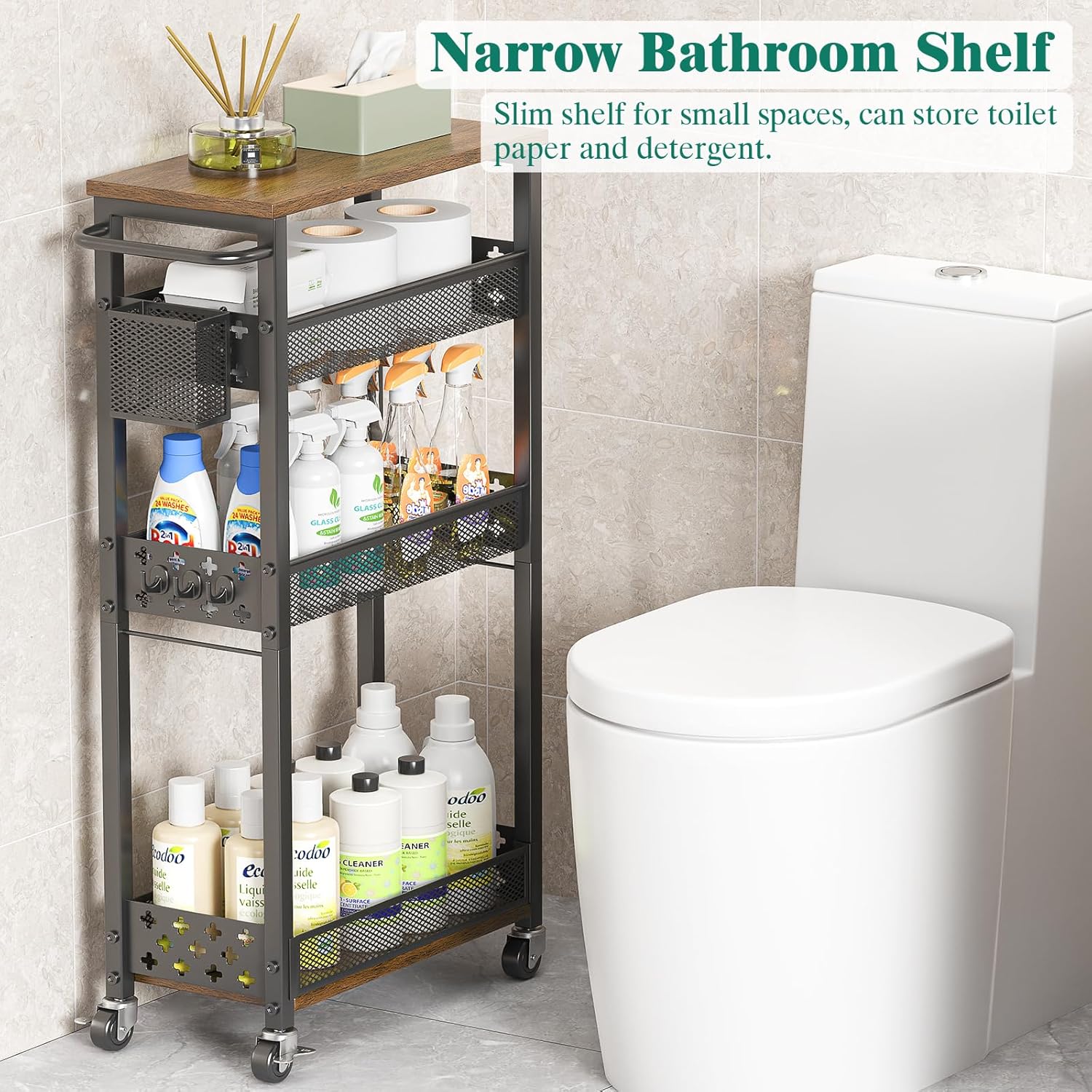 XYZLVSI Slim Storage Cart 4 Tier Laundry Cart with Wheels, Narrow Metal Kitchen Rolling Carts Bathroom Organizers Storage Shelf with Wood Rack and Handle for Small Space