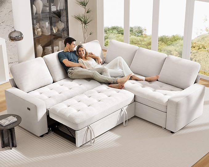Vipbear 5 Seat L Shaped Modular Sectional Sleeper Sofa Bed with Pull Out Bed/Reclining Backrest/USB Ports/Storage Seat, Sectional Sleeper Couch, Tool-Free Assembly, Chenille Beige