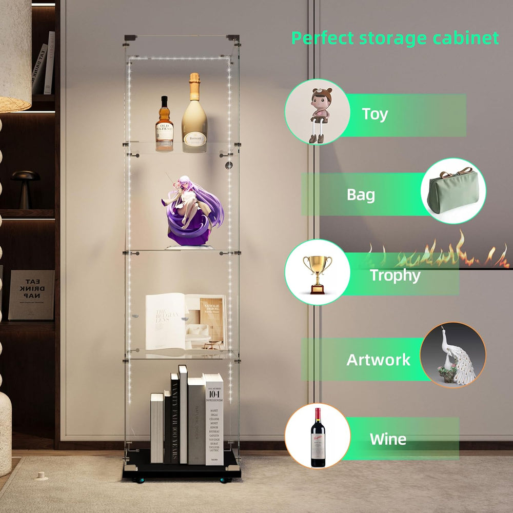 4-Shelf Glass Display Cabinet with LED Lights Strip and Lock, Curio Cabinets ...