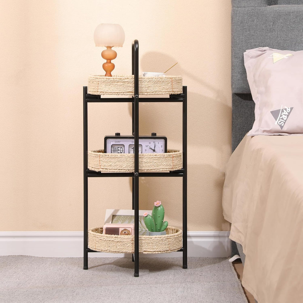 3-Tier Seagrass Woven Side Table, Oval Storage Basket with Trays,Farmhouse Co...