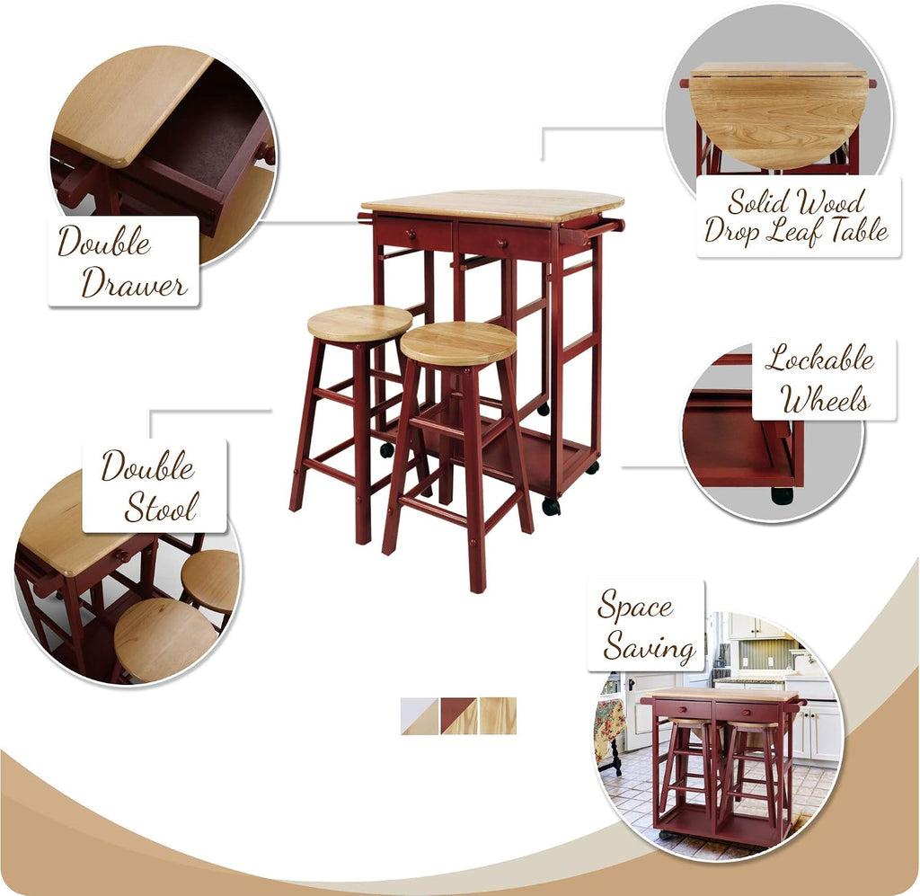 Casual Home Drop Leaf Breakfast Cart with 2 Stools-Red