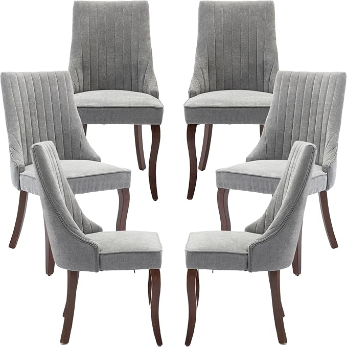 Modern Dining Chairs Set of 6, Mid Century Kitchen & Dining Room Chairs, Velvet Upholstered Kitchen Chairs with Wood Legs, Sillas de Comedor, Easy Assembly, Gray, 6 Pieces