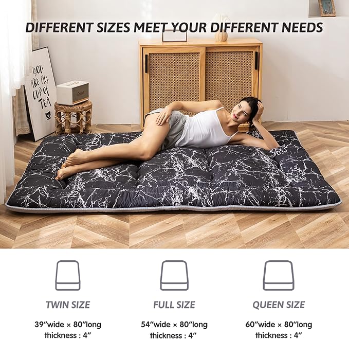 MAXYOYO Japanese Floor Mattress Futon Mattress, 4" Thicken Tatami Mat Sleeping Pad Foldable Roll Up Mat Boys Girls Dormitory Pad Kids Floor Lounger Pillow Bed, Charcoal Grey, Queen Size