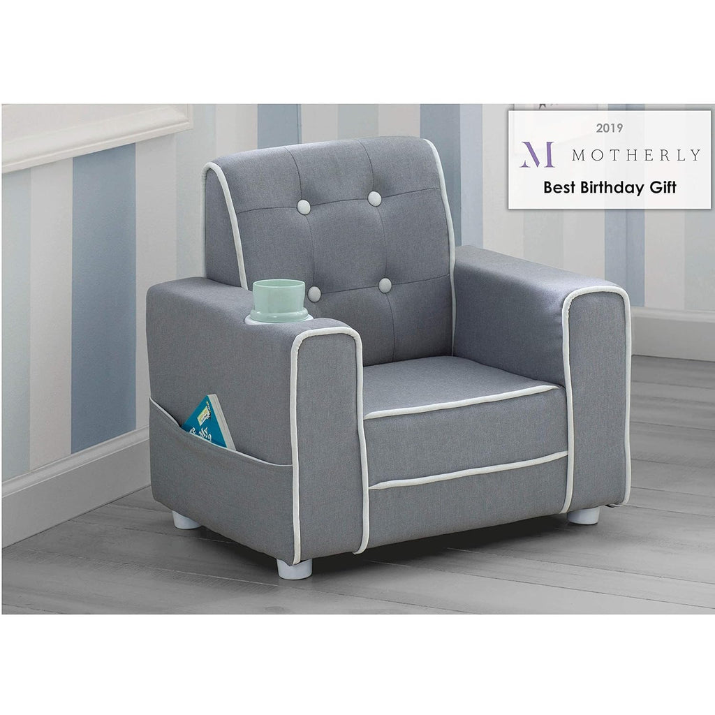 Delta Children Chelsea Kids Upholstered Chair with Cup Holder, Soft Grey