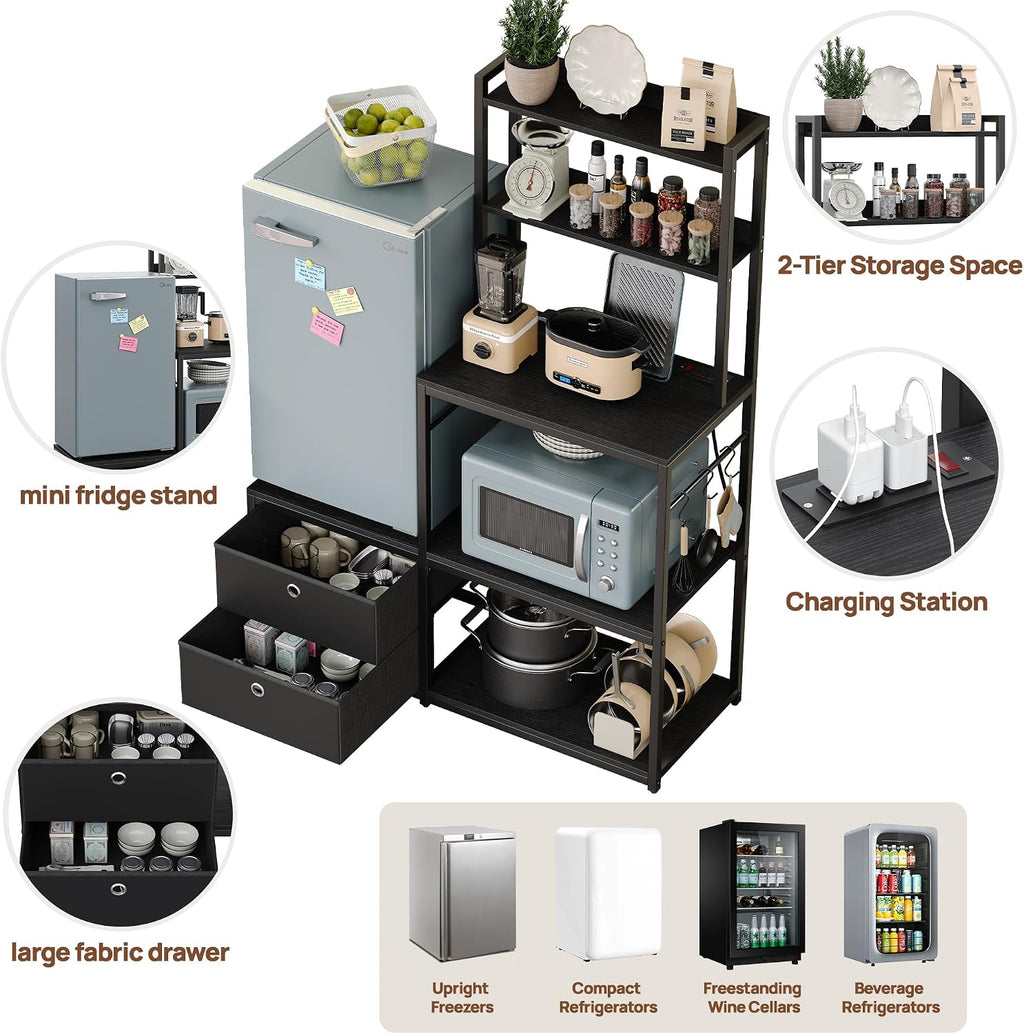 Mini Fridge Stand with Storage, Refrigerator Cabinet with Power Outlet - Multifunctional Microwave Stand, Coffee Bar Station for Dorm, Office and Kitchen, Black