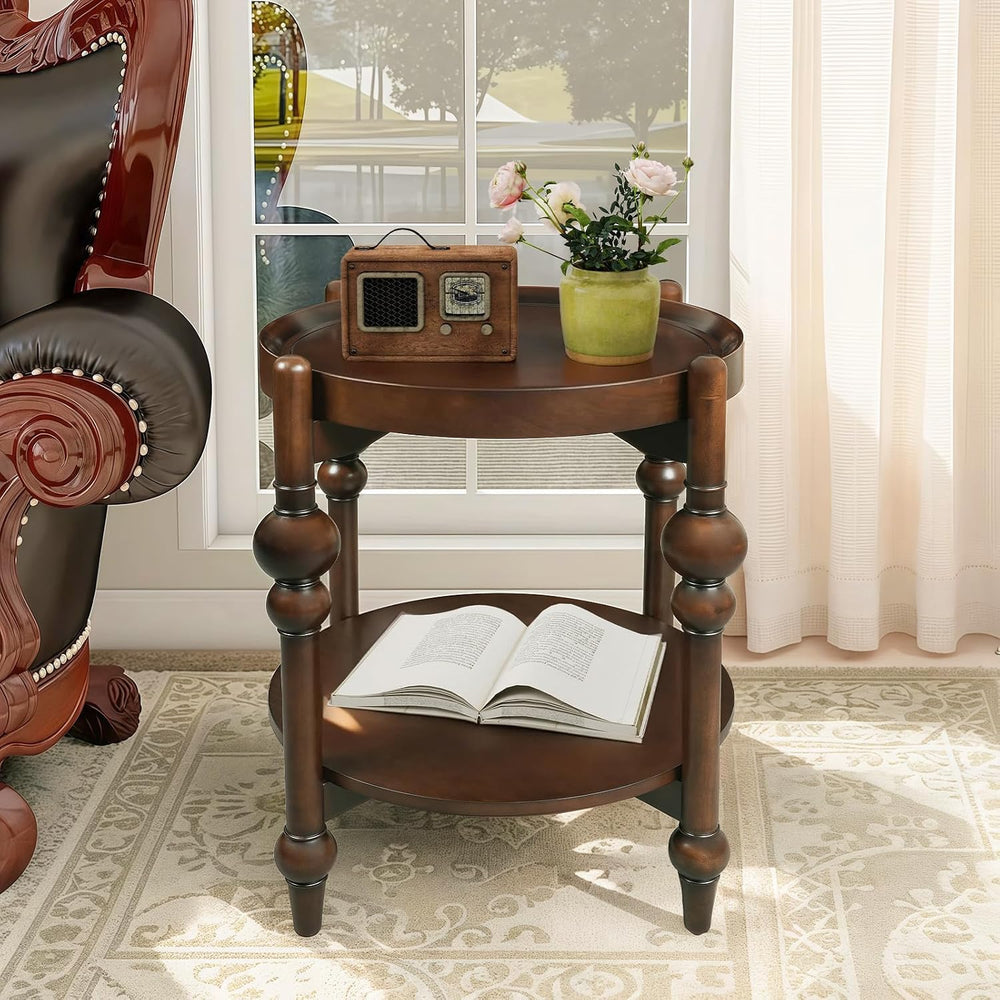 23" Round End Table with Solid Wood Frame, Small Side Table with Wood Sh...